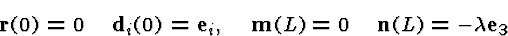 \begin{displaymath}{\bf r}(0)=0\quad\d_i(0)=\i_i, \quad{\bf m}(L)=0\quad {\bf n}(L)=-\lambda\i_3\end{displaymath}