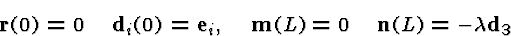 \begin{displaymath}{\bf r}(0)=0\quad\d_i(0)=\i_i, \quad{\bf m}(L)=0\quad {\bf n}(L)=-\lambda\d_3\end{displaymath}