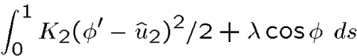 \begin{displaymath}\int_0^1 K_2 (\phi'-\hat u_2)^2/2 + \lambda \cos\phi\ ds\end{displaymath}
