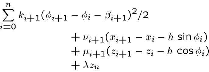 \begin{displaymath}\begin{align*}\sum_{i=0}^n k_{i+1}(\phi_{i+1} &-& \phi_{i} ... ...1}(z_{i+1}-z_{i}-h\,\cos\phi_{i})\\  &+ \lambda z_n\end{align*}\end{displaymath}